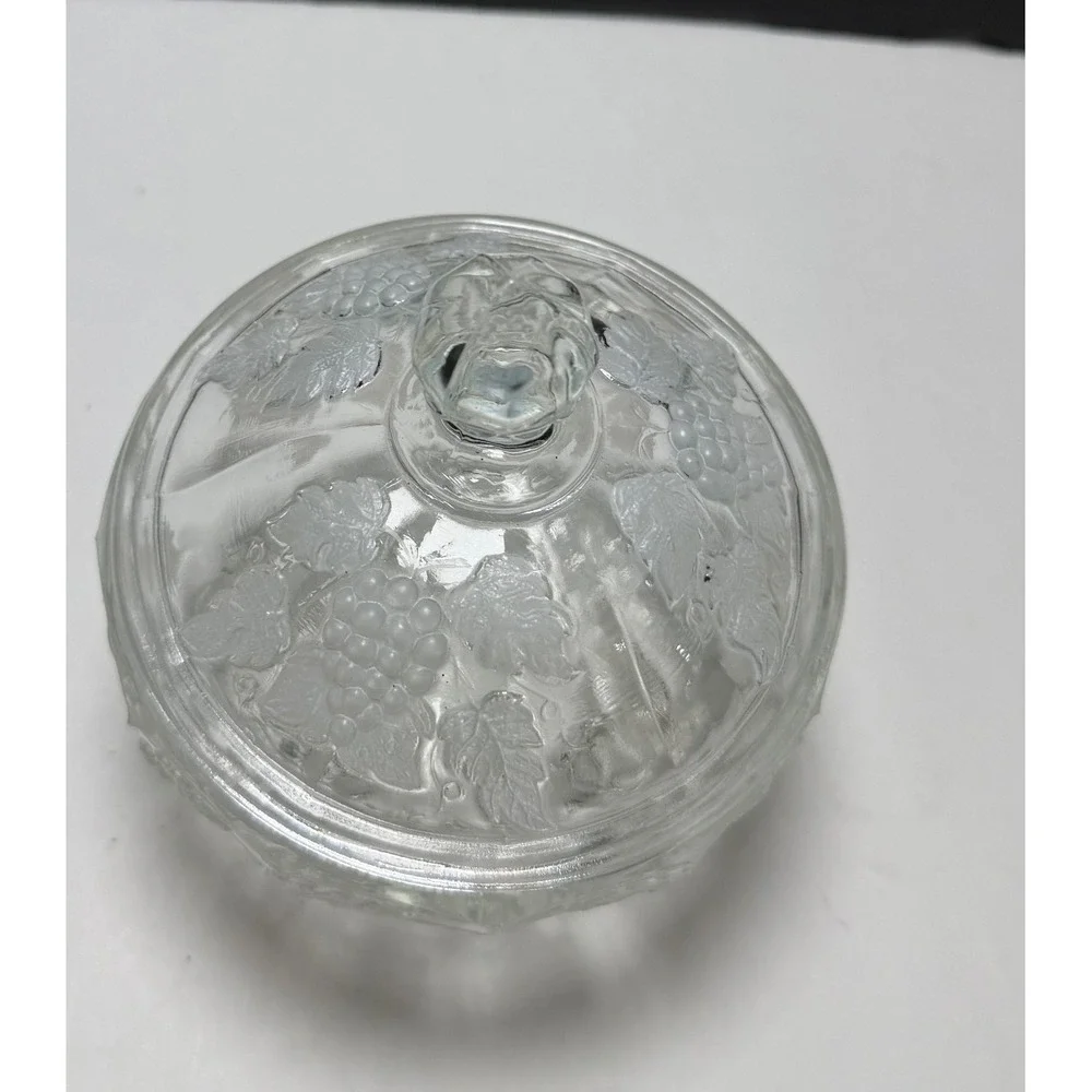 Vintage Westmoreland Paneled Grape Leaf Clear Glass Footed Candy Dish with Lid